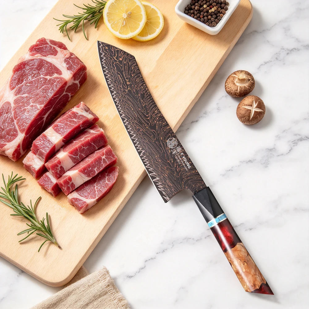 F.YOUNG 8-inch Kiritsuke Chef Knife Japanese 37 Layer Real Tricolour Copper Damascus Steel Santoku Kitchen Knives Kitchenware