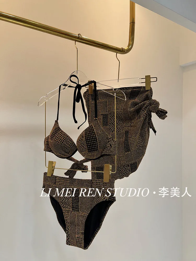New Golden glitter steel holder bikini swimsuit women's three piece set