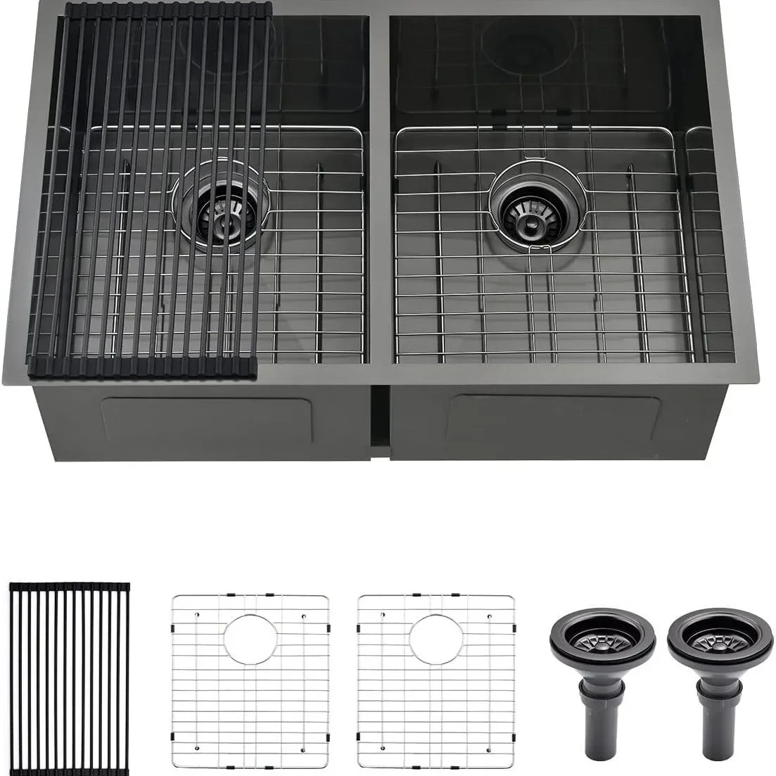 Black Stainless Steel Undercounter Double Sink 30x20x10 Nano Stainless Steel Kitchen Sink with Accessories