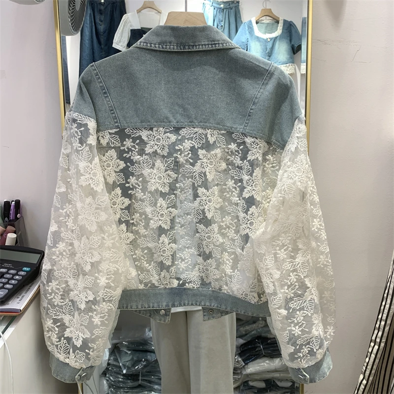 2026 Summer New Streetwear Embroidery Lace Patchwork Sexy Denim Jacket Women Frayed Tassel Loose Korea Blue Jean Coat Outwear