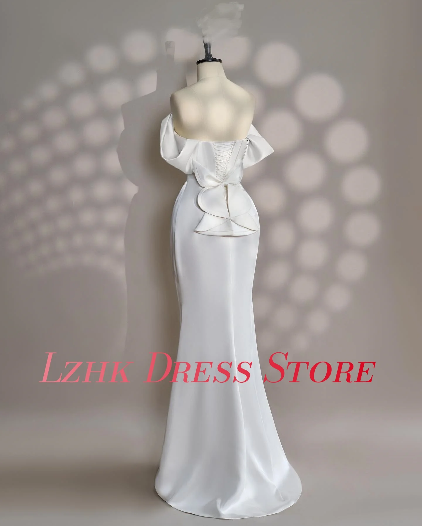 Customized Graceful Satin Mermaid Off the Shoulder Pearls Evening Dress Temperament Short Sleeves Strapless Celebrity Gowns