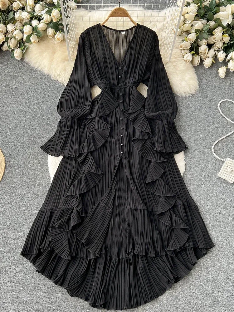 Beach Chiffon Dress Women Elegant  Lotus Leaf Lace V-Neck Pleated Long Dresses Ladies Single Breasted A-line Vintage Long Robe