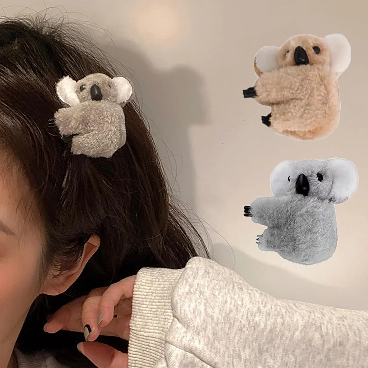 2PCS Koala Clip Cute Hair Clips Fuzzy Hair Clips Plush Hair Jaw Clips Non Slip Koala Hugger Koala Hair Accessories for Girls