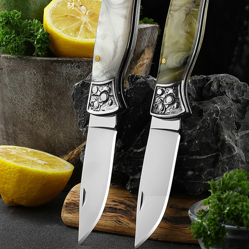 Stainless Steel Folding Fruit Paring Knife Resin Handle Boning Knife Portable Pocket Knife BBQ Cleaver Kitchen Slicing Knife