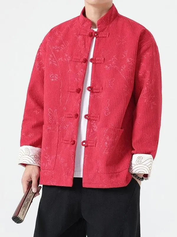 

New Autumn Chinese Sle Couple Tang Suit Men's Women's Loose Velvet Jaet Warmth Outerwear Long Sve Stand Collar Button
