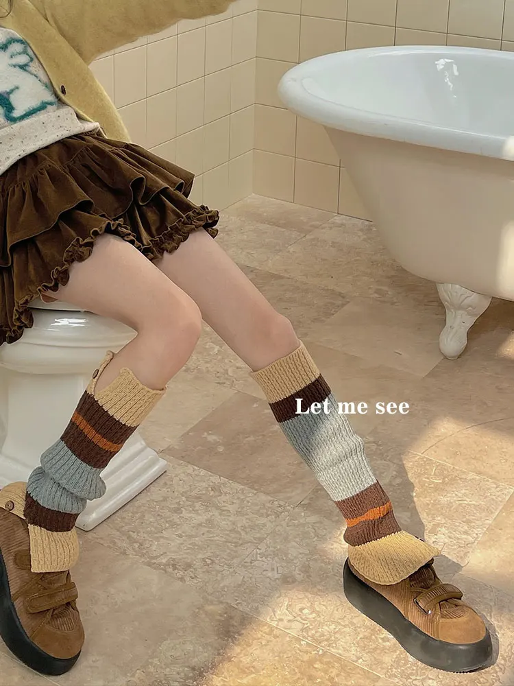 Tube Socks Women's Color Matching Spring and Autumn Knitted Cotton Button Contrast Color Leg Warmer Retro American Wool Fashion