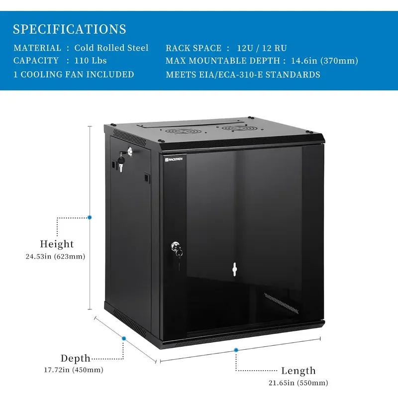 12U Wall Mount Network Rack Cabinet Quiet Cooling Fan Locking Glass Door 17.7 Deep 450mm Removable Locking Side Panels Fits