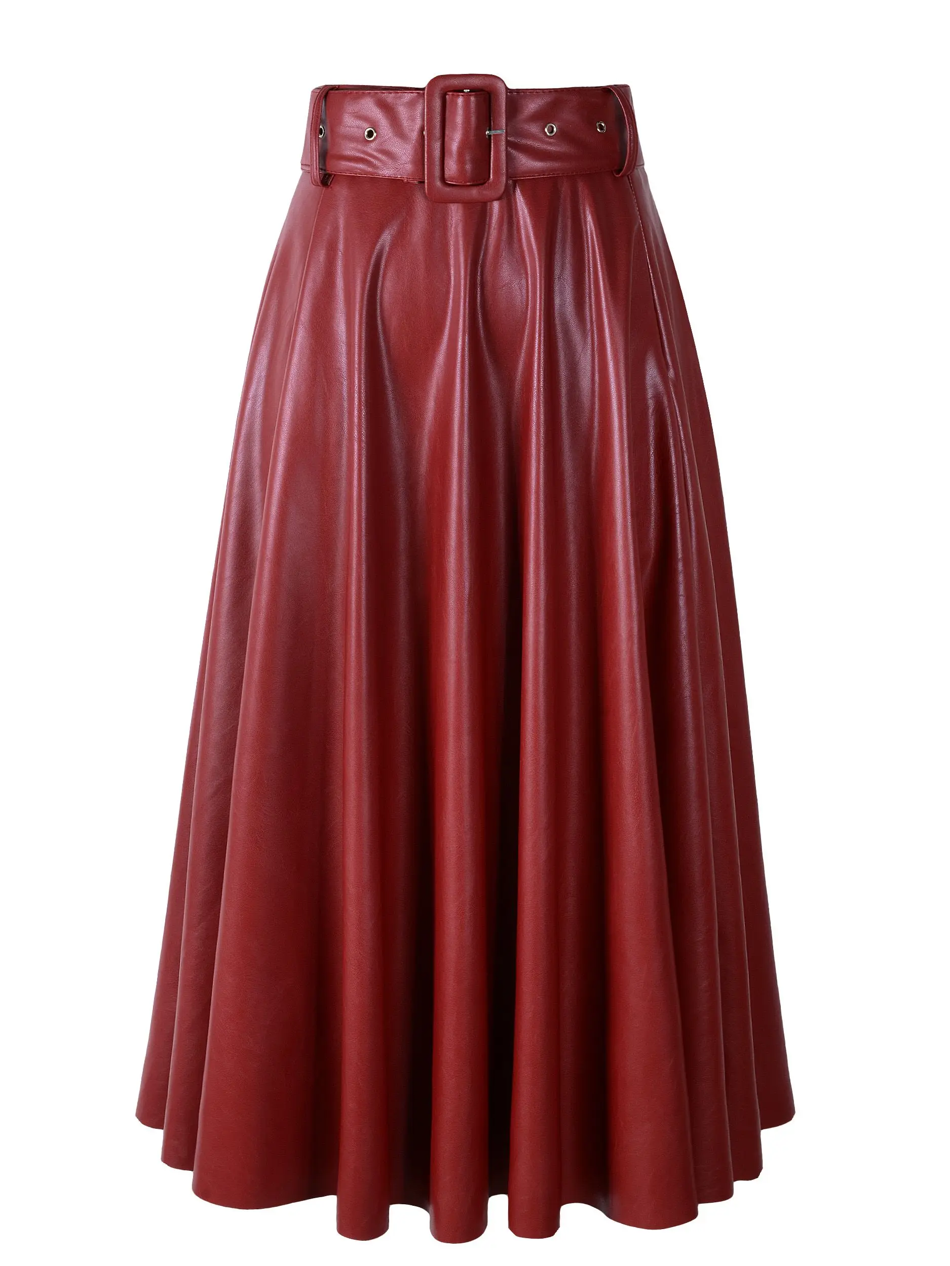 2023 New Fashion Women Autumn Winter PU Faux Leather Skirts Lady High Waist A-Line Midi Mid-Calf Maxi Long Black Wine Red Belt