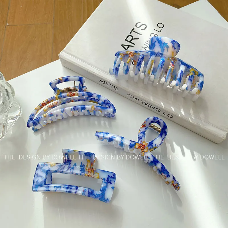 Niebiesko-biała porcelana kraj fala styl grab klip kobiece włosy objętość powrót głowa danie włosy shark klip temperament stroik