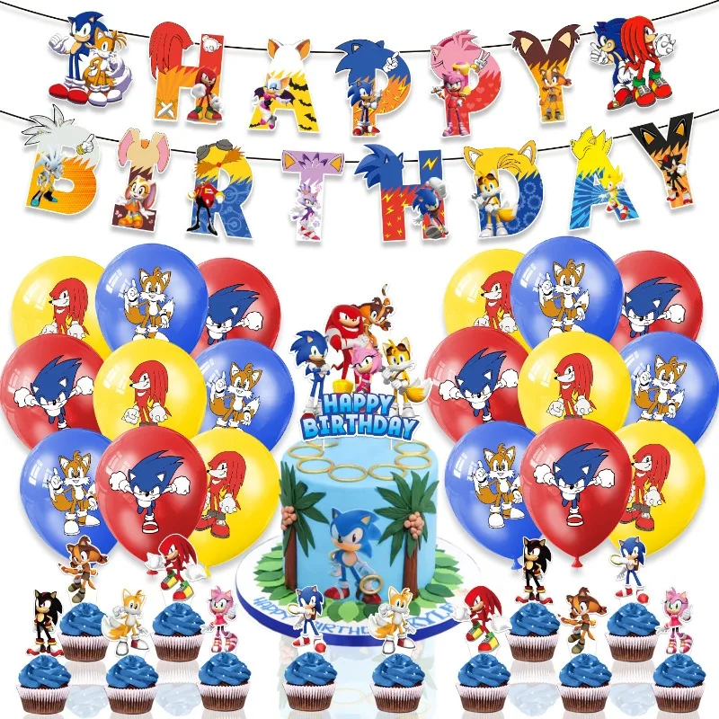 

4Pcs Sonic Theme Birthday Party Decorations Kit Including Banners Cake Toppers Balloons Spiral Hanging Swirls Party Supplies