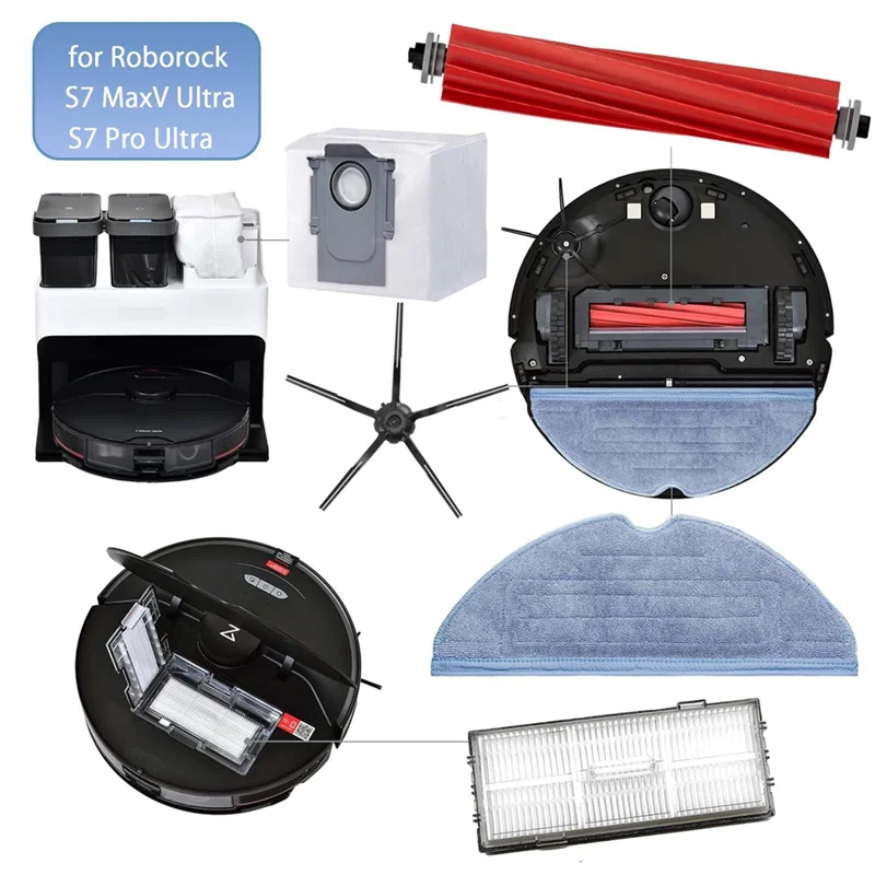 BAAO-23PCS สําหรับ Roborock S7 Maxv Ultra S7 Pro Ultra หุ่นยนต์สูญญากาศล้างทําความสะอาดได้หลักแปรงด้านข้าง HEPA FILTER Mop Pad ฝุ่นกระเป๋าอะไหล่