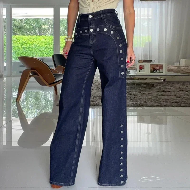 Fashion Multiple Button Splice Jeans Women High Waist Straight Leg Denim Pants 2026 Autumn Chic Streetwear Jeans Trousers