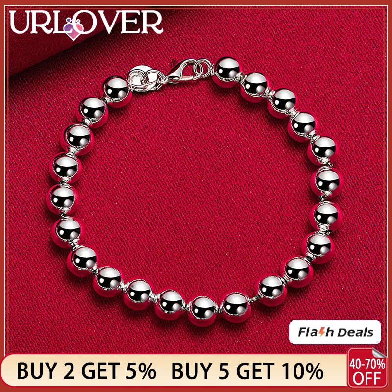 

URLOVER 925 Sterling Silver 8MM Beads Bracelets For Women Fashion Jewelry Party Birthday Gift Bridal Wedding Accessories