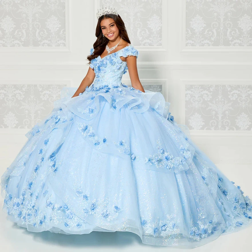 فساتين Quinceanera مخصصة باللون الأزرق السماوي والأرجواني 2023 ثوب حفلة ثلاثية الأبعاد مزين بالدانتيل والخرز مطرزة فيستدوس دي 15 Años YQD30