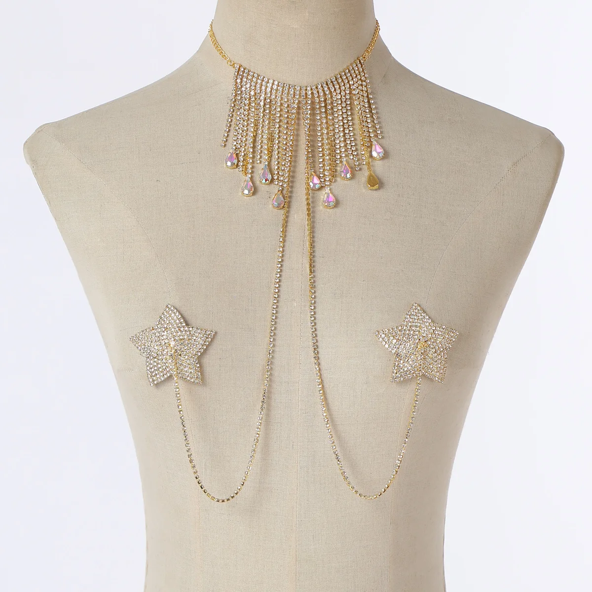 Shimmering Star Shape Nipple Cover Harness Iridescent Crystal Fringe Choker Necklace Glamorous Golden Body Jewelry for Party