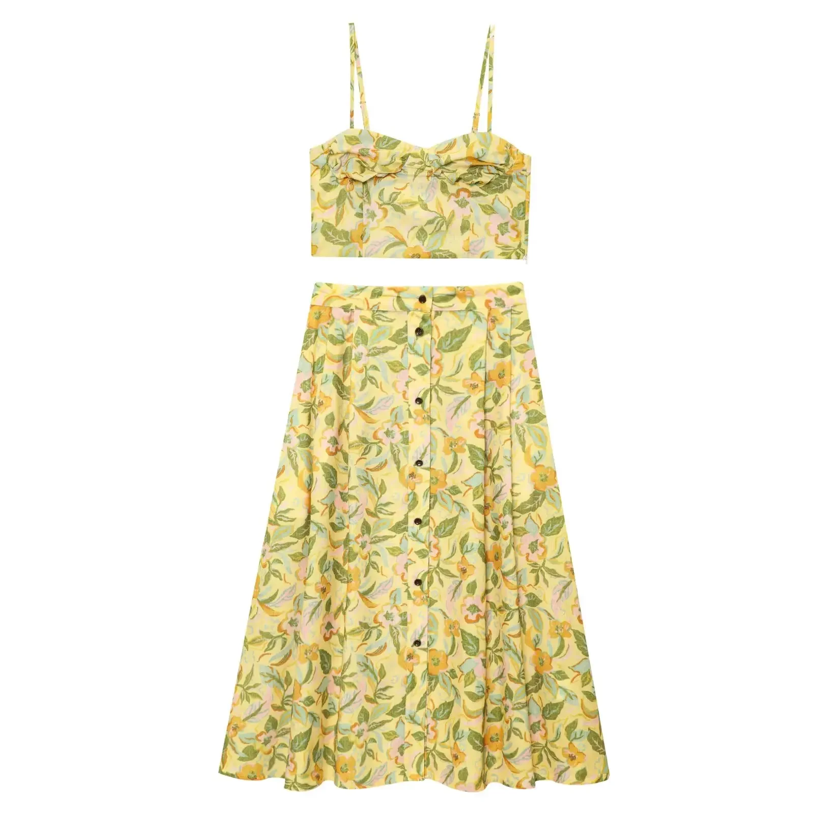 Dames Nieuw Casual Strand Vakantiestijl A-lijn Roksets Sexy Crop Sling Hemdje Bloemenprint Tweedelige set 8351039