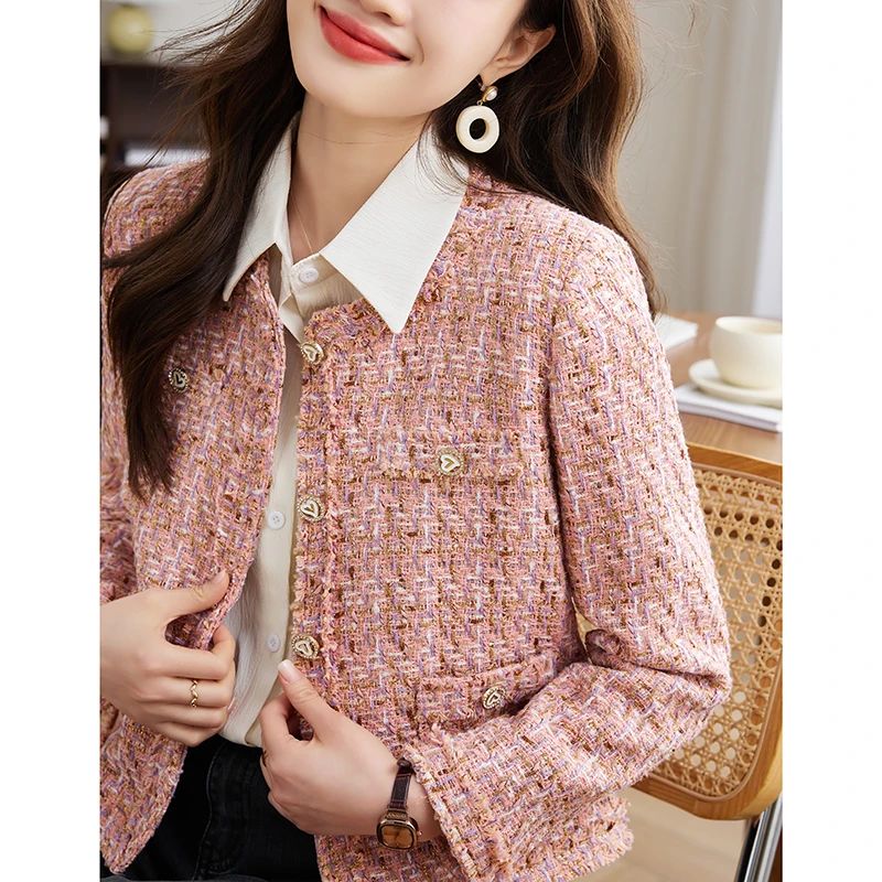 Luxury Pink Tweed Jacket Women Autumn and Winter New Fashion Short Houndstooth Coat Elegant Round Collar Long Sleeve Cropped Top