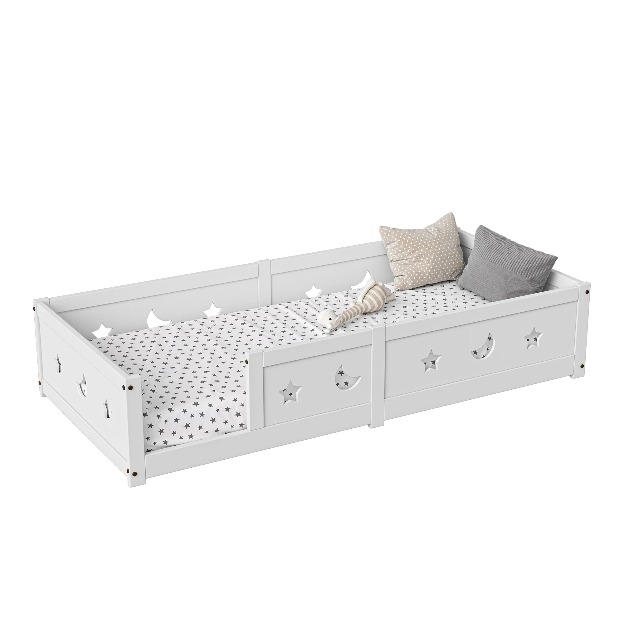 RosahqndaKids Kinderbed Massief Montessori Houten Vloerbed met Valbeveiliging - Veilig Peuterbed - Scandinavisch Design