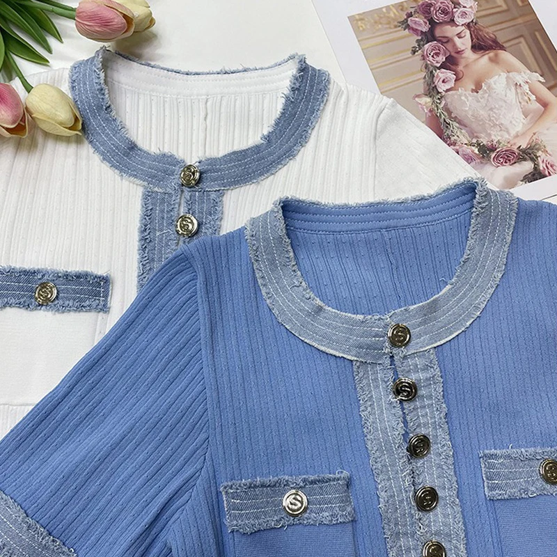 YuooMuoo Brand Fashion Denim Patchwork O-neck  Single Breasted Knit Maxi Dress Elegant Pockets Long Shirt Dress Vacation Robes