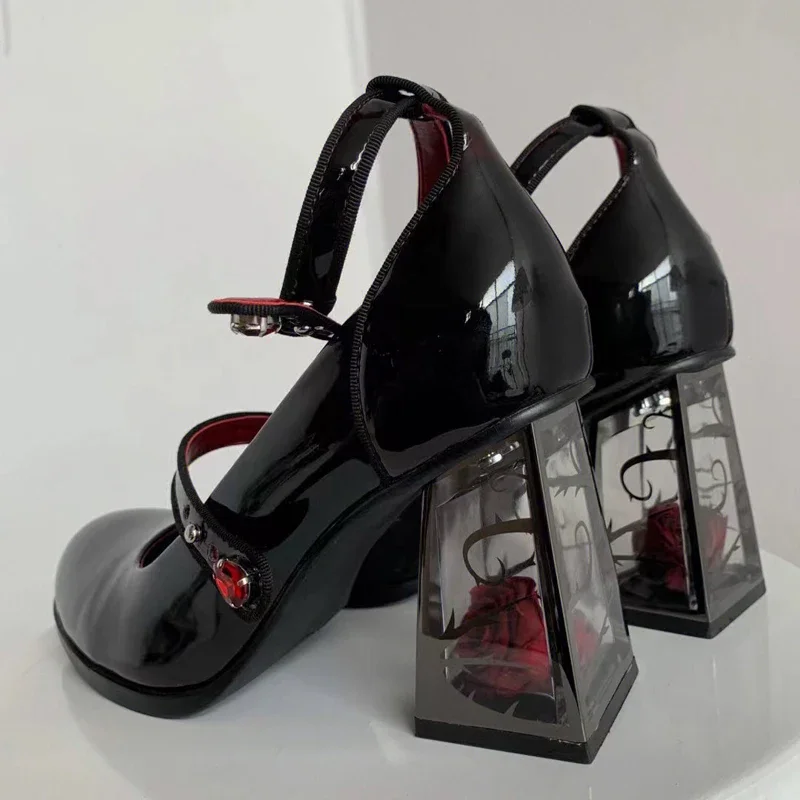 Punk Gothic High Heels Pumps Women 2024 New Rose Heeled Patent Leather Lolita Shoes Woman Y2K Ankle Straps Black Mary Jane Shoes image 6