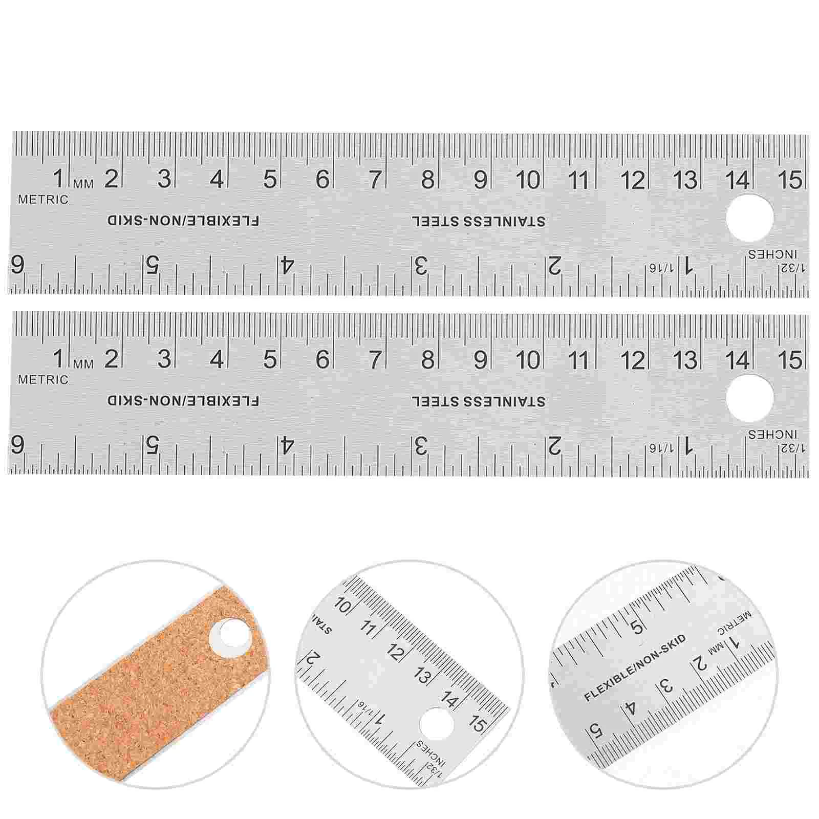 2 Pcs Ruler Cork Stainless Steel Machinist Tool Corked Rulers for Engineering Back Straight Drawing Office