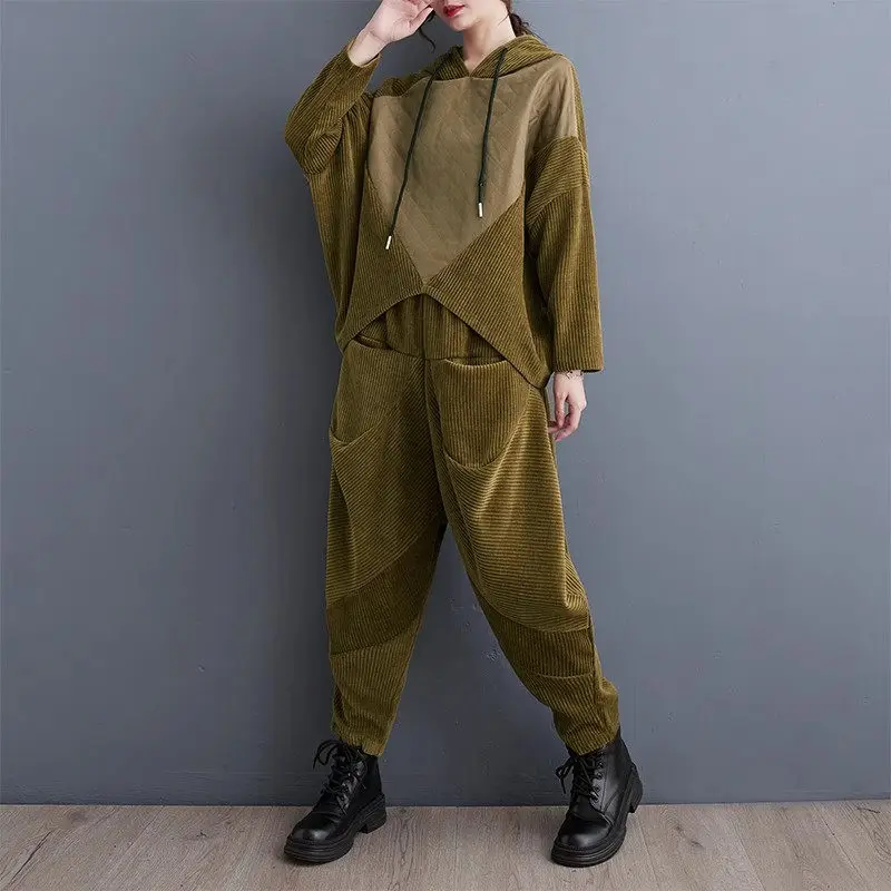 Women's Two Piece Set Outfits 2023 Autumn Korean Loose Fashion Stripe Corduroy Hooded Top Casual Harlem Pants Tracksuit Z3565