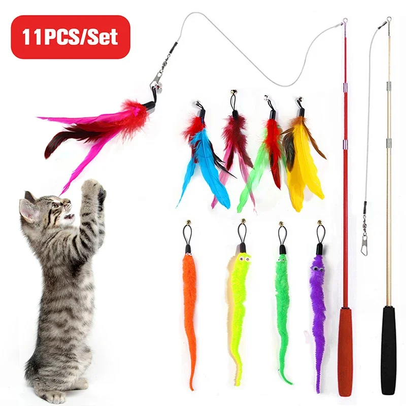 11pcs/set Pet Feather Funny Toy Cat Kitten Feather Teasing Wand Retractable Feather Bell Refill Replacement Pet Interactive Toys