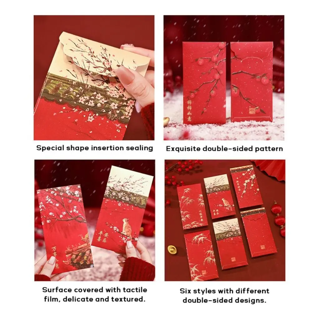 

6 шт./компл., красные конверты из плотной бумаги в китайском стиле, новогоднее благословение, новогодние красные пакеты, красный, 2025, сумка для денег на удачу, Новый год