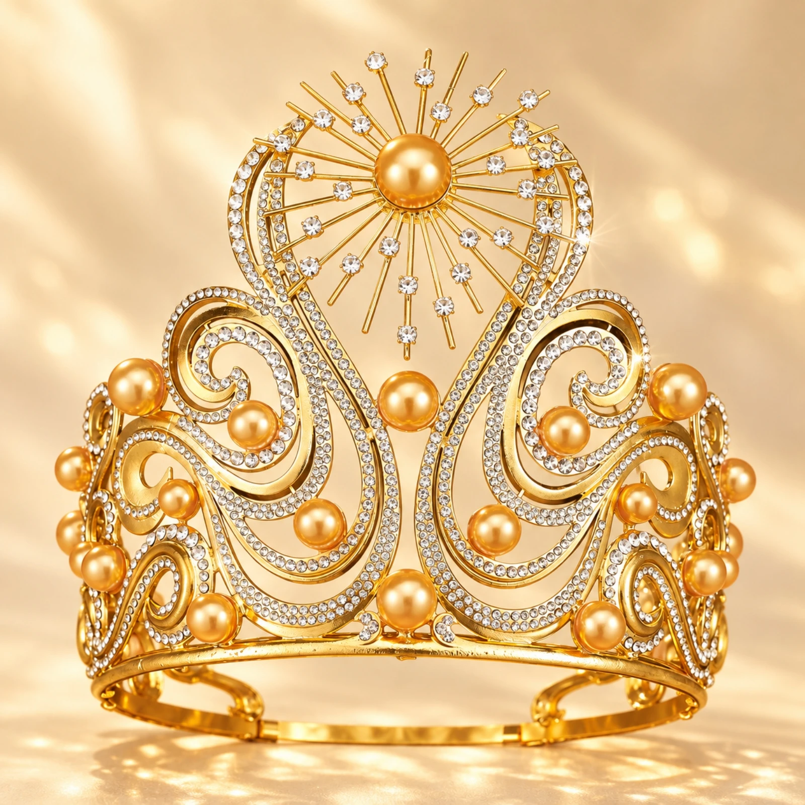 Decorative Tiara-Style Crown Ornate Pearl-Accented Tiara with Filigree Rhinestone Bridal Crown Symmetrical Headpiece Sparkling