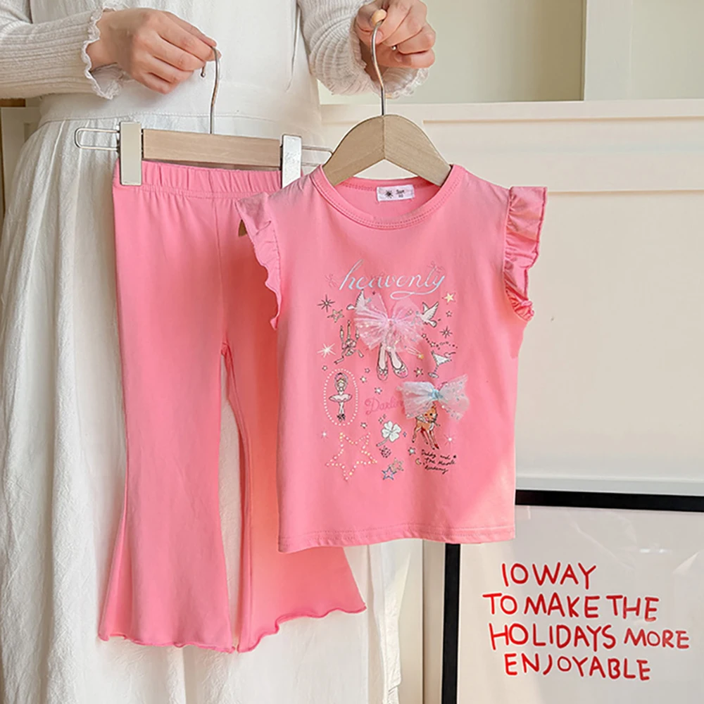 Toddler Girls 2-piece Outfit Summer Cartoon Print Ruffle Sleeve Bow T-shirt+Flared Pants Thin Children Clothes Sets Casual Wear