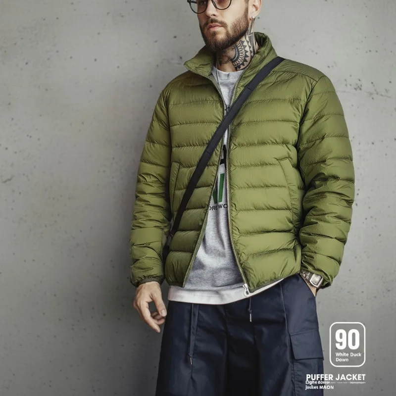 Maden Winter Men's Stand-up Collar Down Jacket Lightweight Hydrophobic White Duck Down Filling Coat Warm Inner Layer for Fall