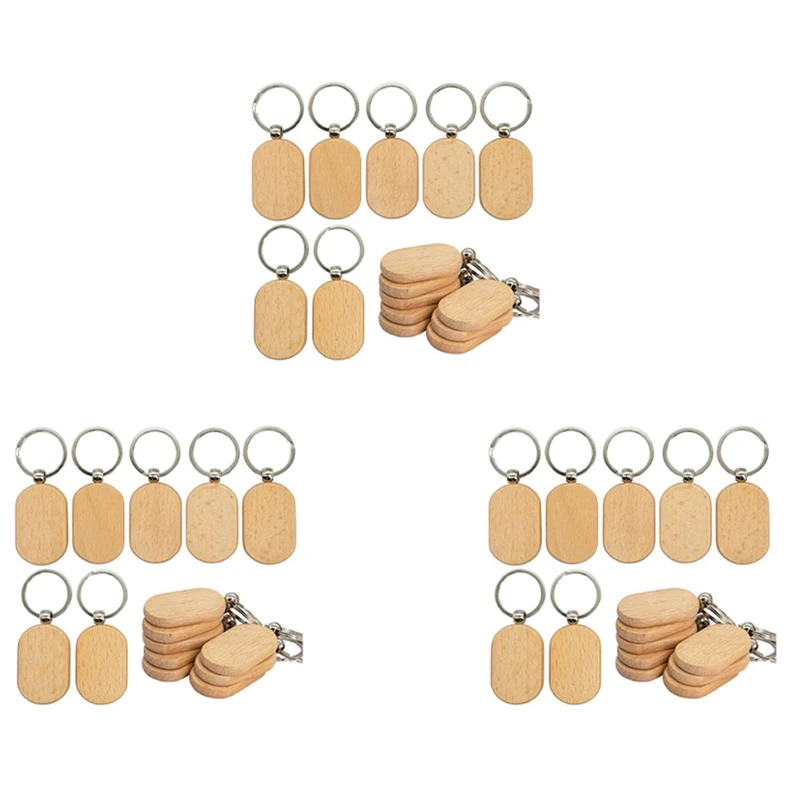 ไม้เปล่า Key Tag Key DIY พวงกุญแจไม้ Key ไม้แกะสลักช่องว่าง 60 แพ็ค