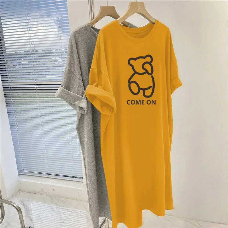 

Women Clothing Fashion Short Sleeve Dresses, Summer O-neck Knee Length Tunic, Cartoon Printed Loose Casual Straight Dress