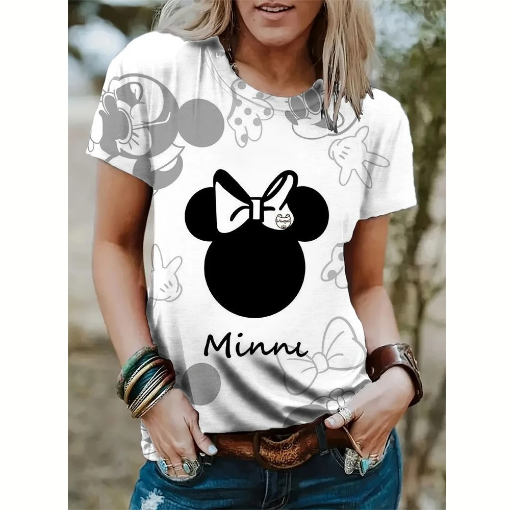 Camiseta con estampado de Mickey Mouse para mujer, camisa de verano para hombre, blusas de moda para mujer, Tops femeninos de Minnie de dibujos animados, ropa Kawaii 2024
