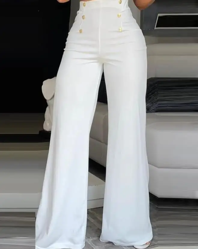 Elegant High Waist Wide Leg Bootcut Pants 2023 Summer European & American Fashion Simple Women\'s Flared Trousers