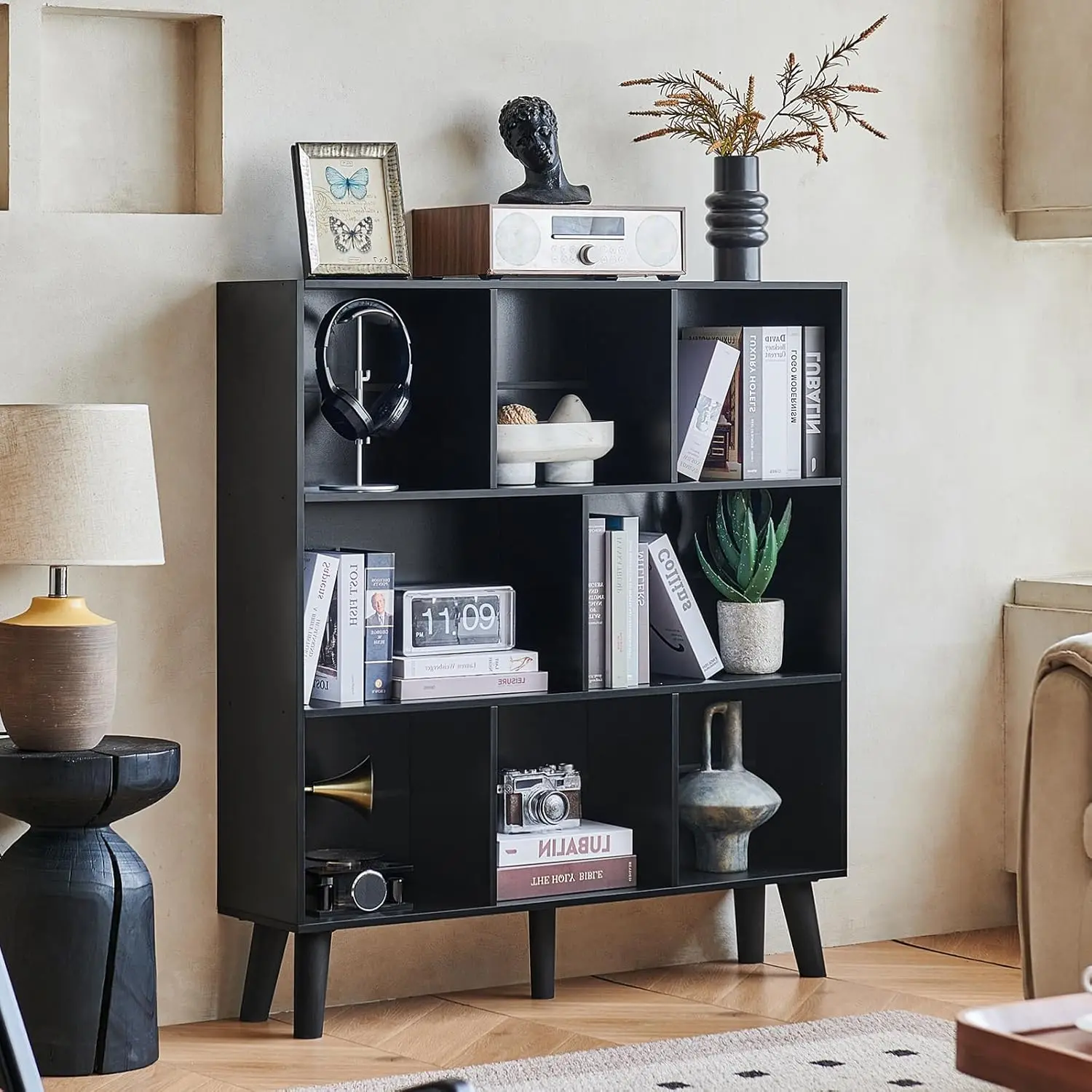 8 Cube Bookshelf,Mid-Century Modern Book Shelf with Legs, Black | 3 Tier Bookcase, Rustic Wood Bookshelves, Customized