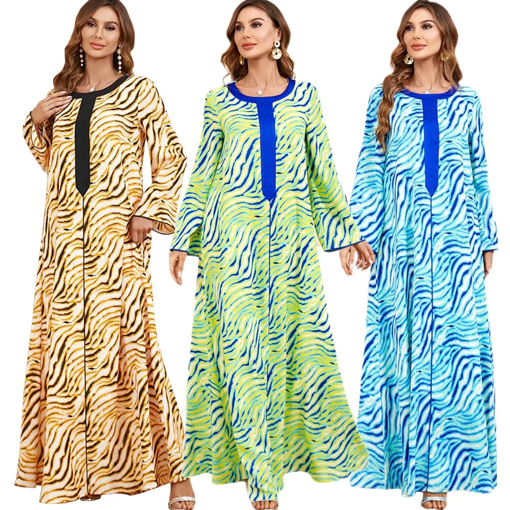 

Fashion Muslim Hijab Dress Eid Ramadan 2024 Elegant Women Wave Printed Moroccan Kaftan Turkey Arabic Islamic Clothing Evening