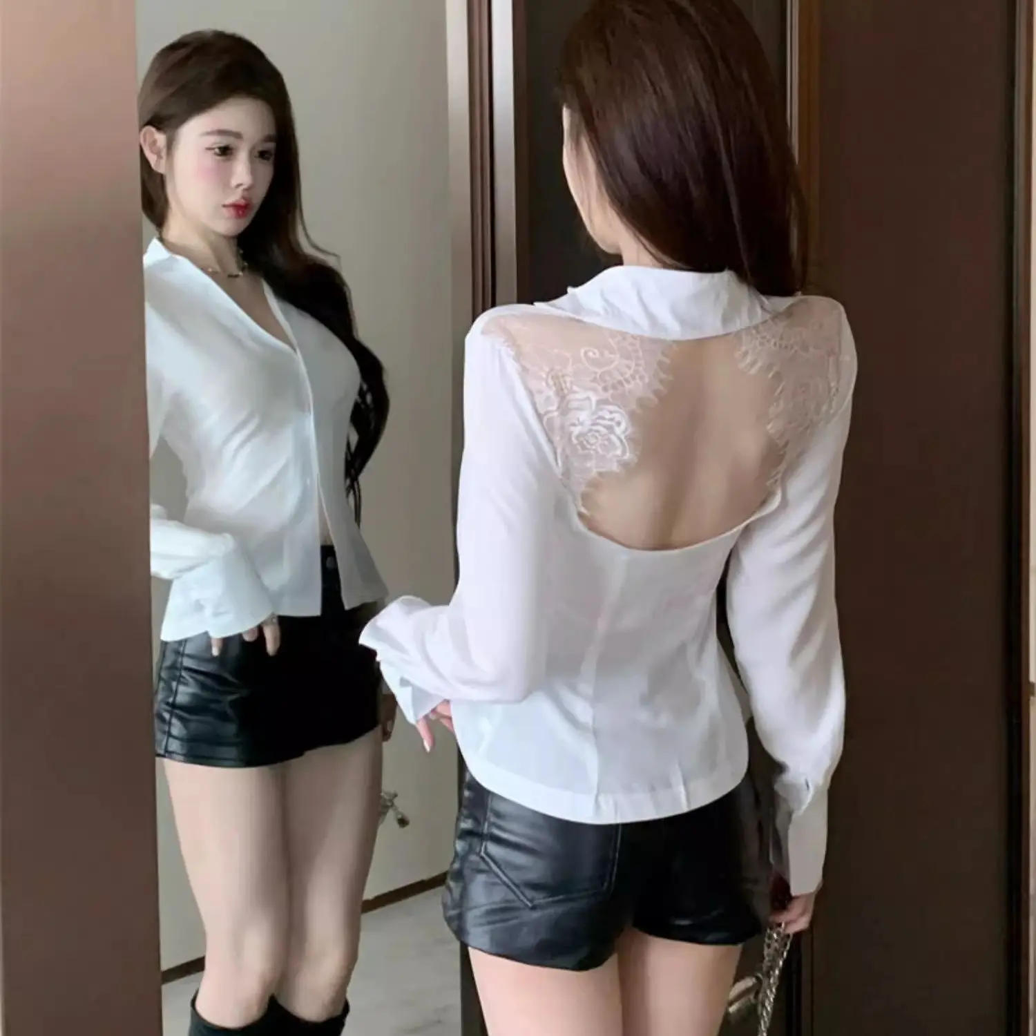 

Женская приталенная блузка с длинным рукавом, кружевными вставками и вырезами, весна-осень, новая модель, американский стиль, укороченный топ