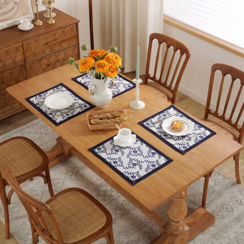 

Rectangular Blue Placemat Lace Vintage Fabric Reusable heatproof Anti slip Dish Mat Pad Guard Countertop Protector Decoration