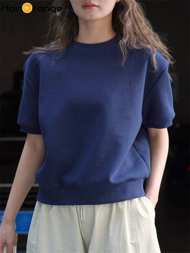 

HanOrange 2024 Spring Minimalist Fashion Silhouette Short Sleeved Sweatshirt Women Loose Casual Top Off White/Navy Blue