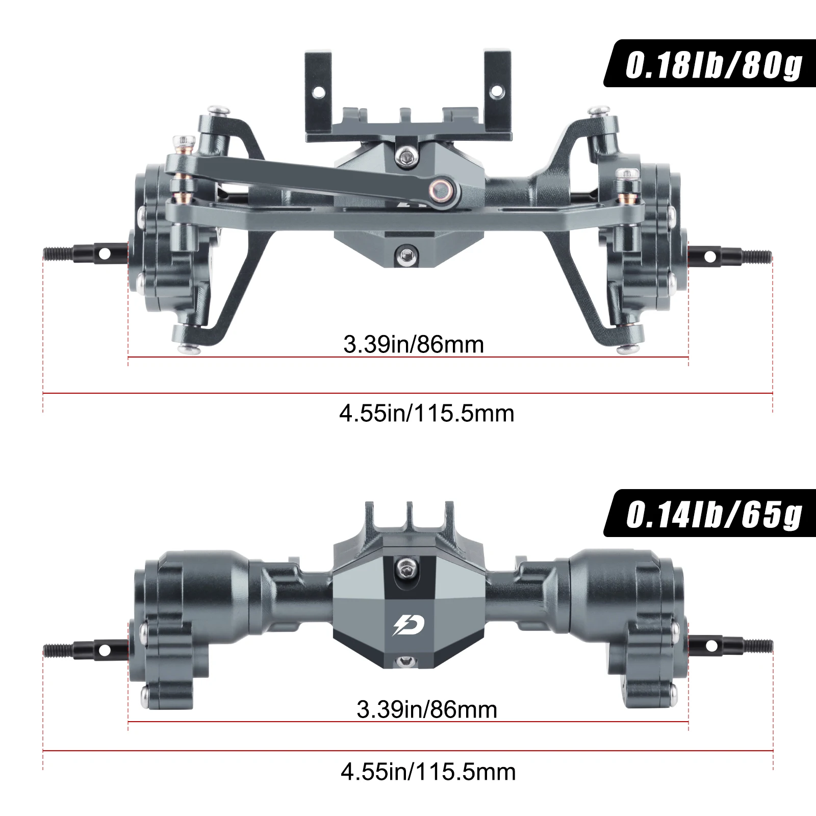 مجموعة محاور البوابة الأمامية والخلفية من الألومنيوم DashRC مع تروس فولاذية، وحامل مؤازر، وصلات توجيه لزاحف الصخور Redcat Ascent18 RC