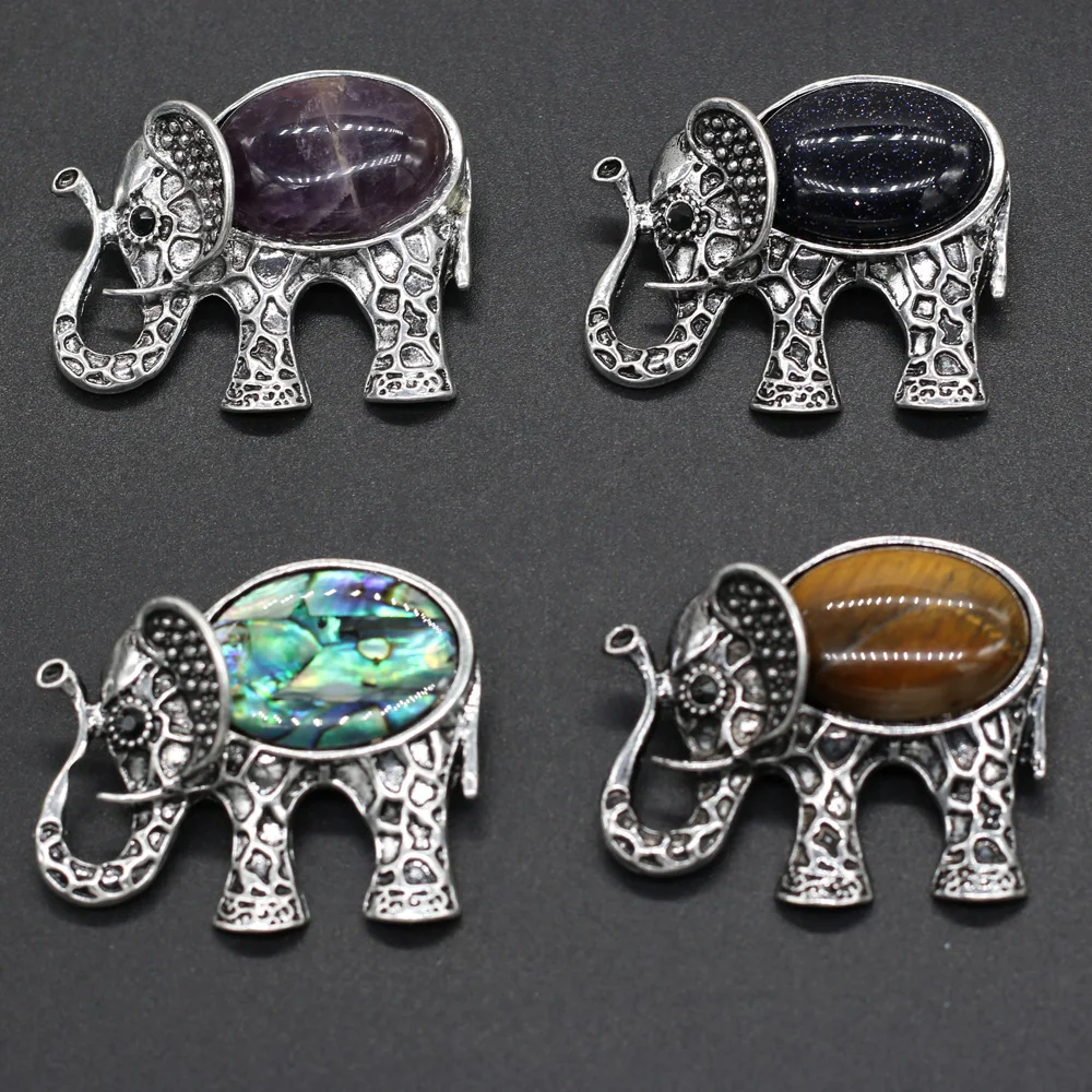 

43x35mm Elephant Shape Pendant Natural Stone Shell Crystal Agate Quartz Charms for Jewelry Making DIY Necklace Brooch Accessory