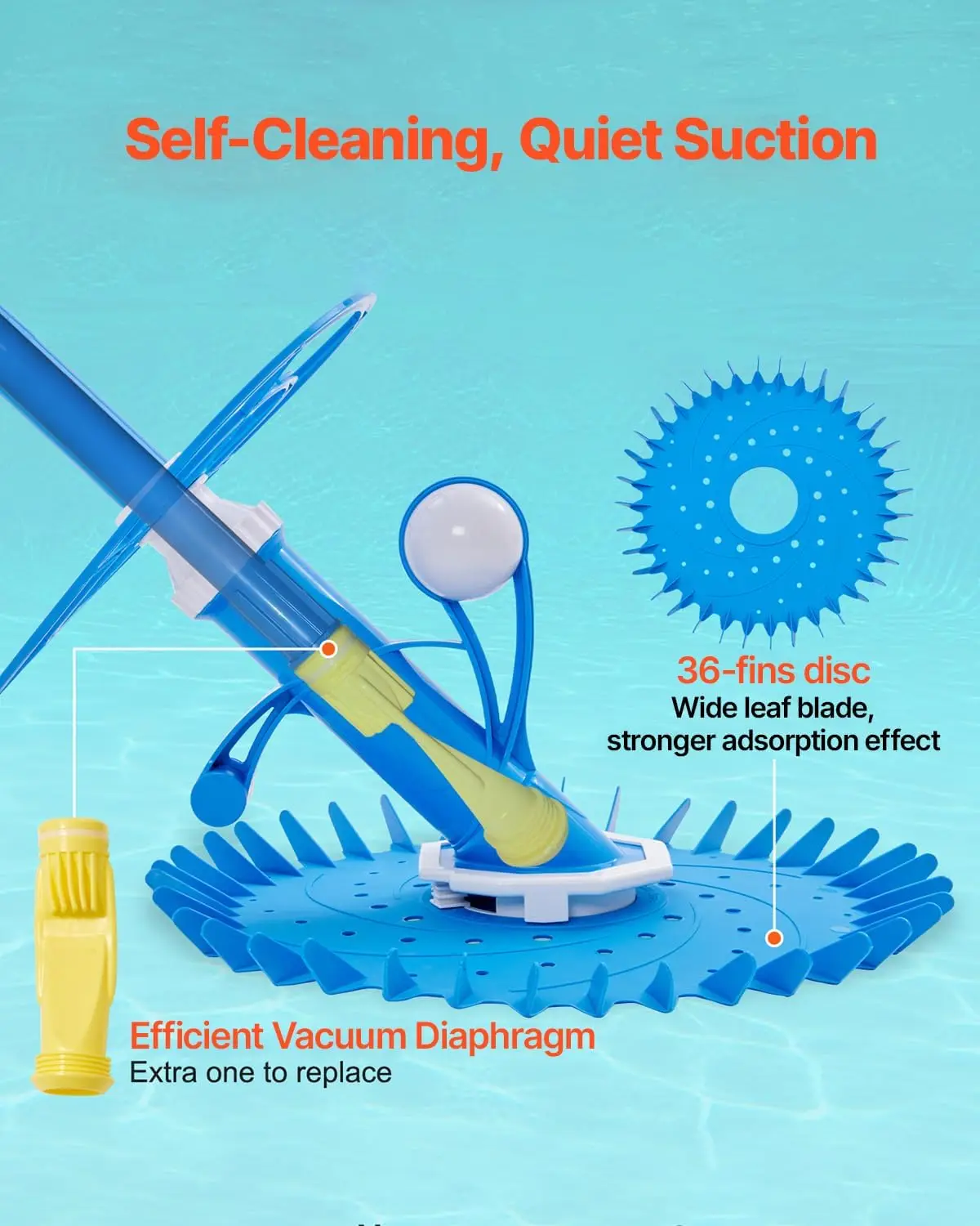 Suction Pool Cleaner, Automatic Pool Vacuum Cleaner with Extra Diaphragm, Suction Sweeper with 12 x 32 in Hoses & 36-FinCleaning