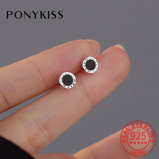 PONYKISS Real 925 Sterling Silver Enamel Round Stud Earrings For Women Classic Roman Number Fine Jewelry Minimalist Accessories