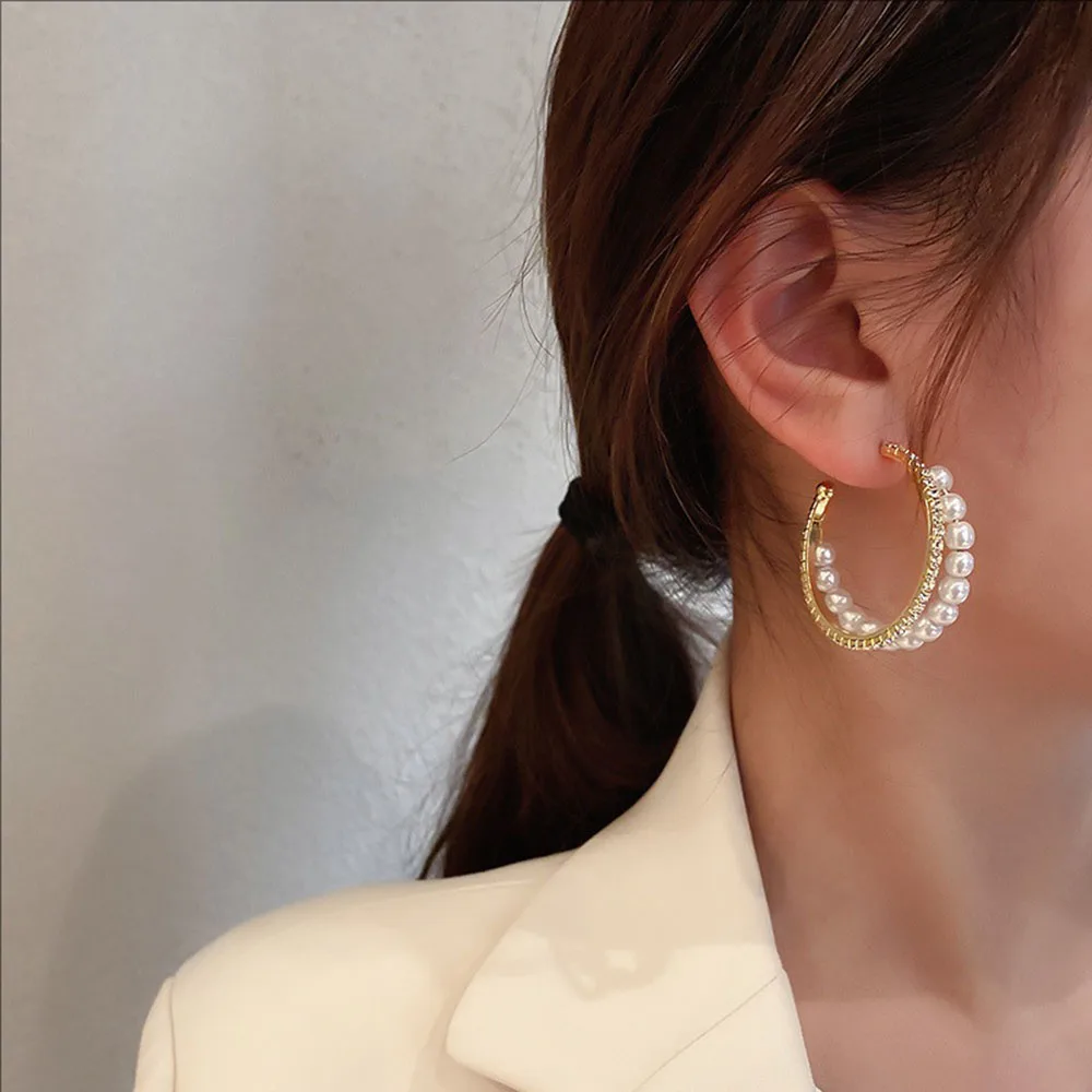 

Silvery Needle Fashionable Crystal-encrusted Pearl Double-ring C-shaped Ear Rings Simple Design Cute Jewelry For Women