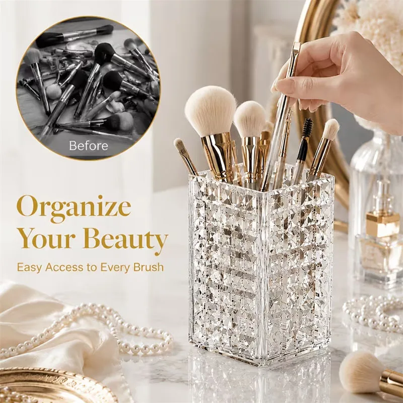 Diamond Pattern Makeup Brush Holder Multi‑Purpose Desktop PET Square Cosmetic Brushes Lip Liner Eyebrow Pencils Organizer Box