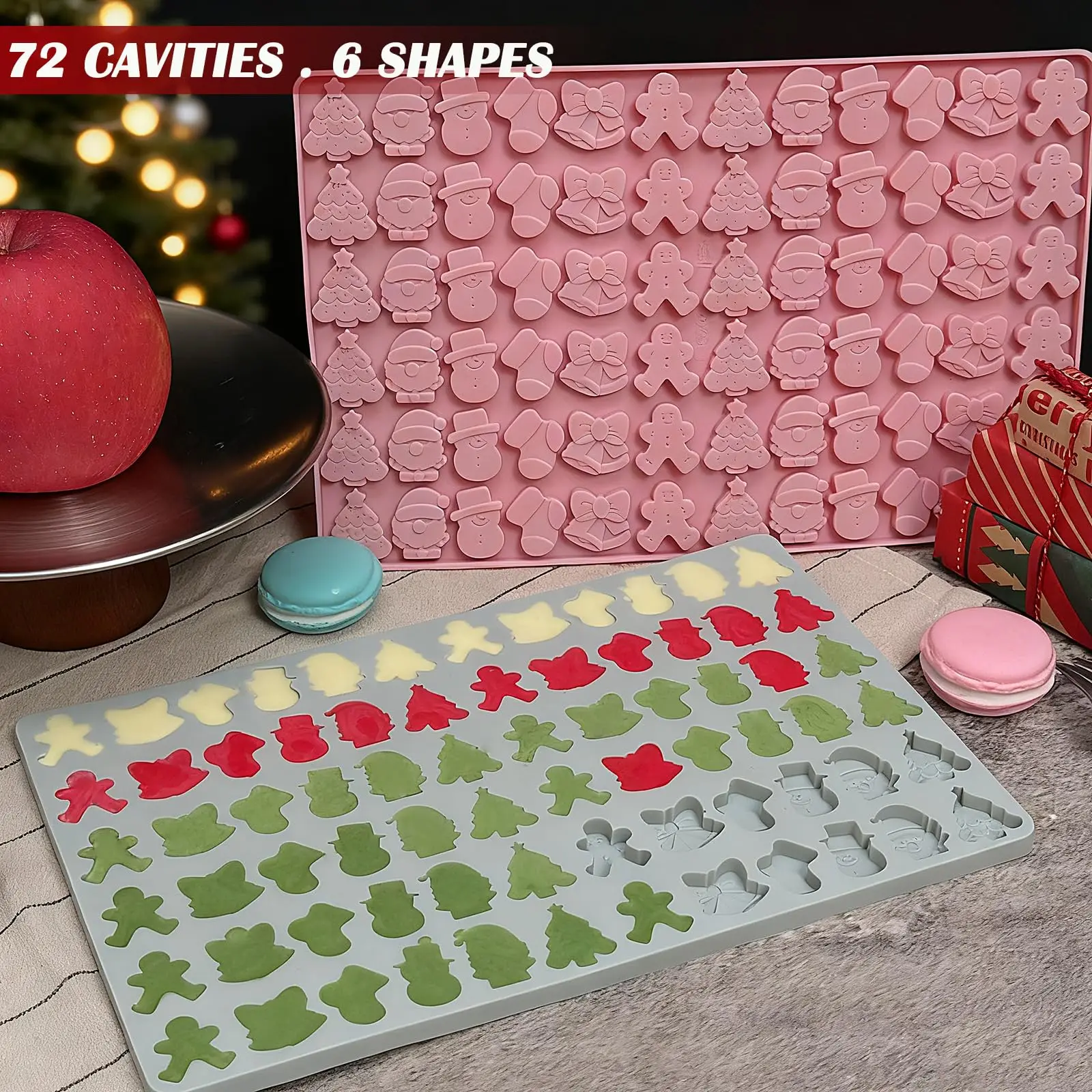 Weihnachtliche Silikonformen mit 72 Mulden - Mini-Weihnachtsbaum-Formen mit Lebkuchenmann, Weihnachtsmann-Formen für Süßigkeiten, Schokolade und Fondant – Detail 5
