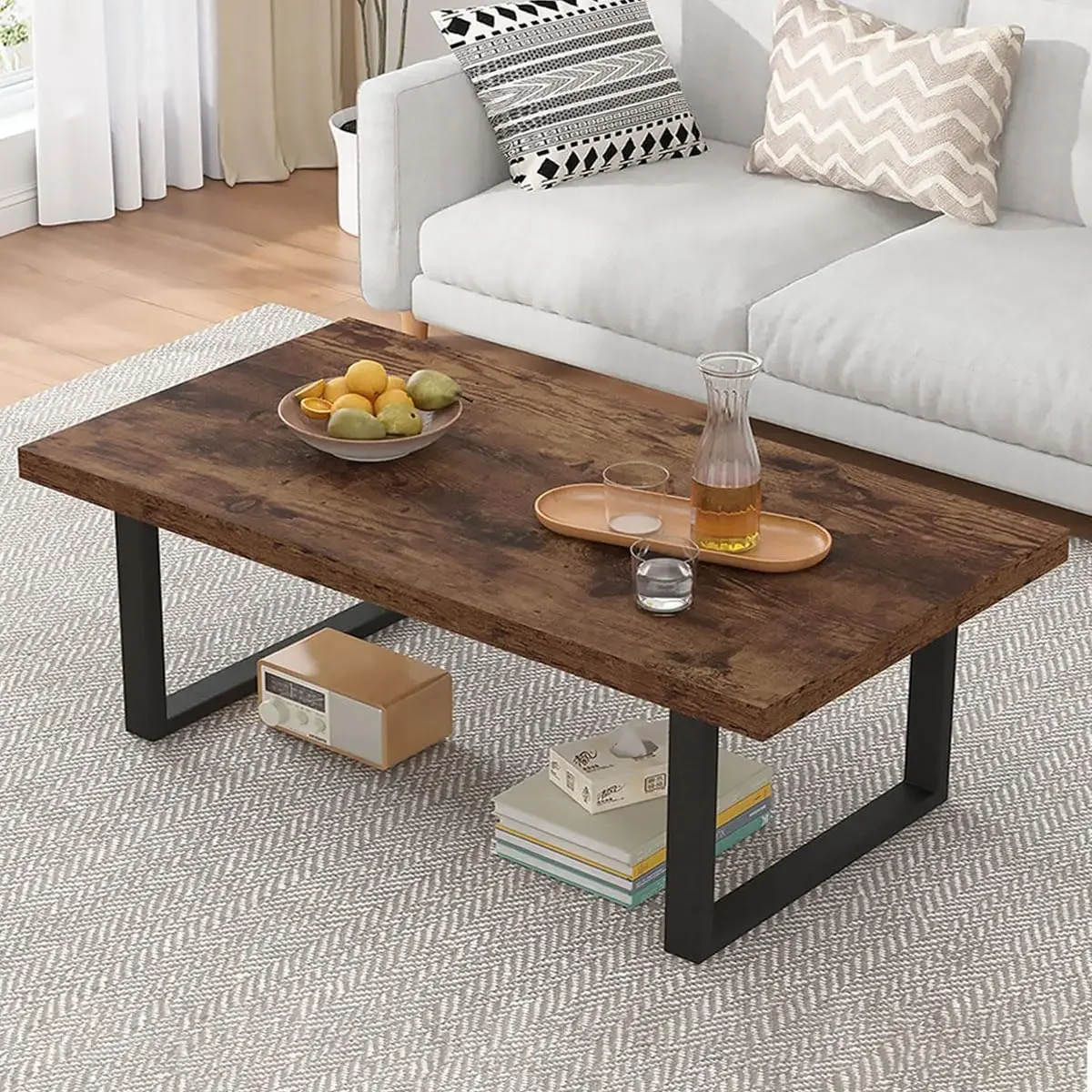 

Modern Minimalist Farmhouse Wooden Center Table, Wood and Metal Vintage Coffee Table for Bedroom Office, Rustic Brown, 47 Inch