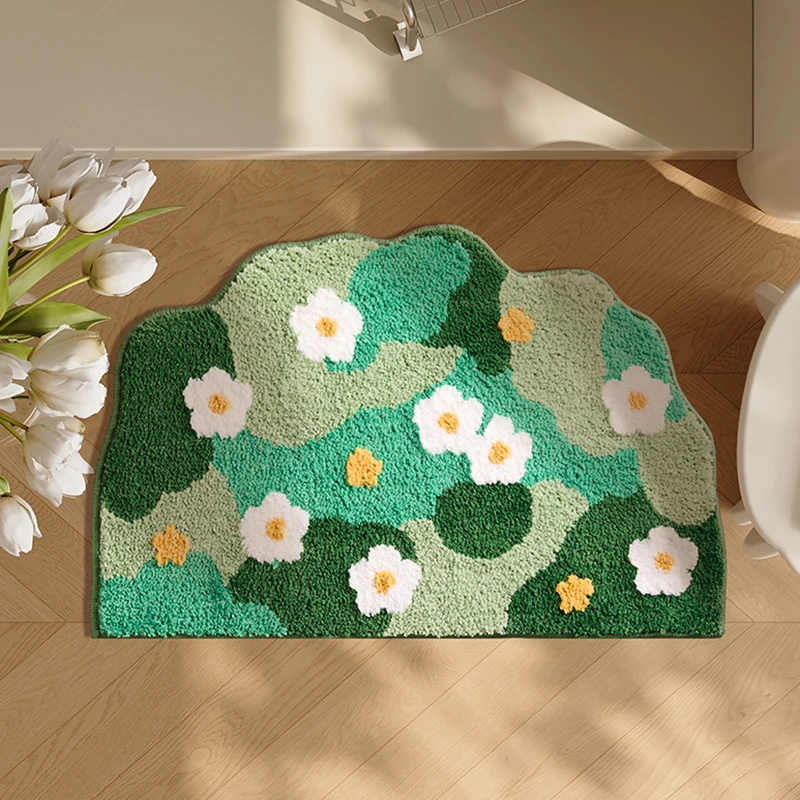 Green Tufting Garden Bathroom Mat Soft Plants Floral Carpet Bedroom Bedside Rug Bedroom Floor Pad Aesthetic Home Room Decor