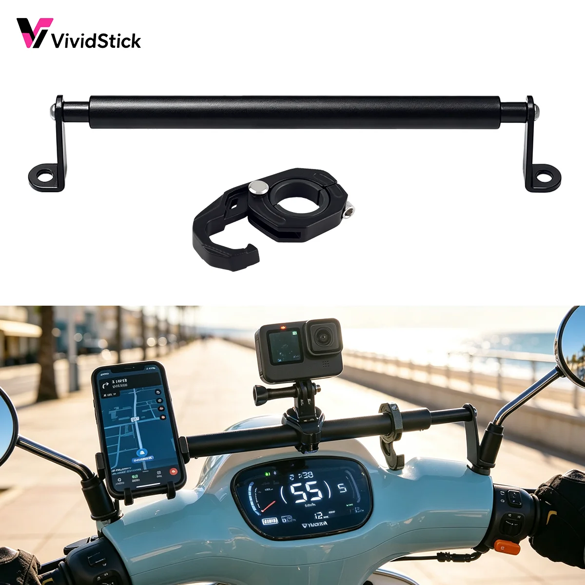 Universal Adjustable Motorcycle Handle Balance Bar With Helmet Hook, Used For Motorcycle Scooter Modification Accessories